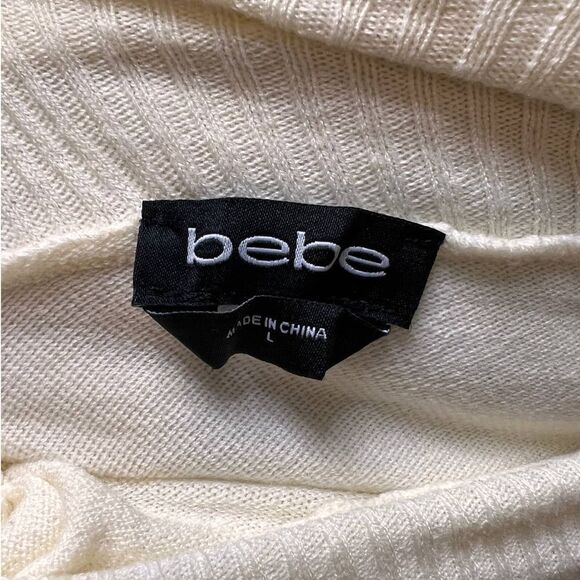 Bebe Cream Short Sleeve Turtleneck Pearl Sequin Logo Sweater- L - Picture 5 of 12